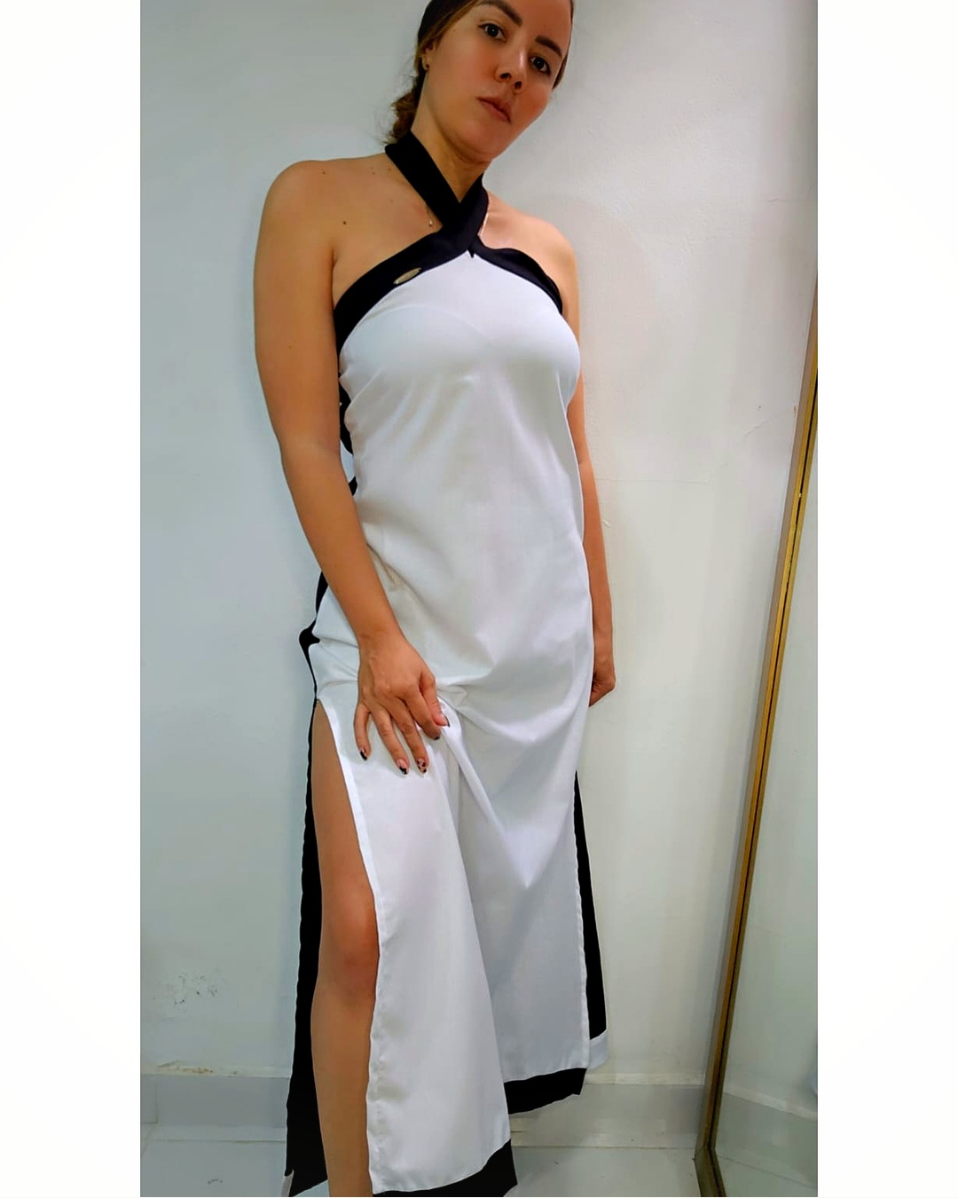 Vestido Gala Halter Bicolor Blanco &amp; Negro